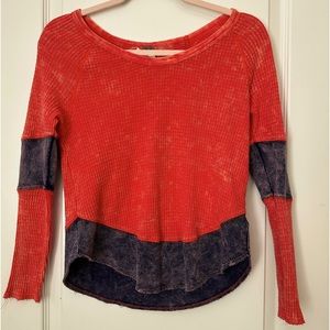 FP We The Free Distressed Red and Indigo Waffle Knit Thermal Top XS/S